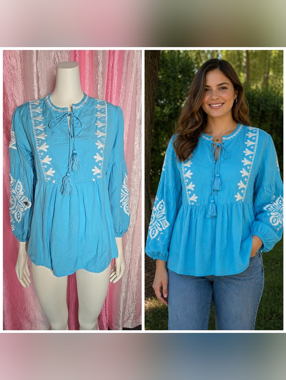 Soft Surroundings Marissa Atlas Blue Embroidered Beaded Tunic Size Medium